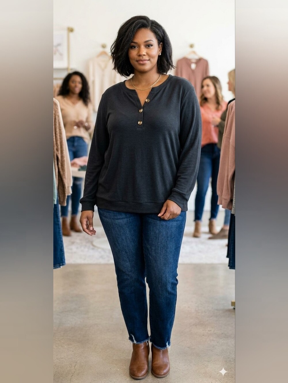 NWT EADINVE Women's Crew Neck Henley Long Sleeve Top Black Women's Size XXL